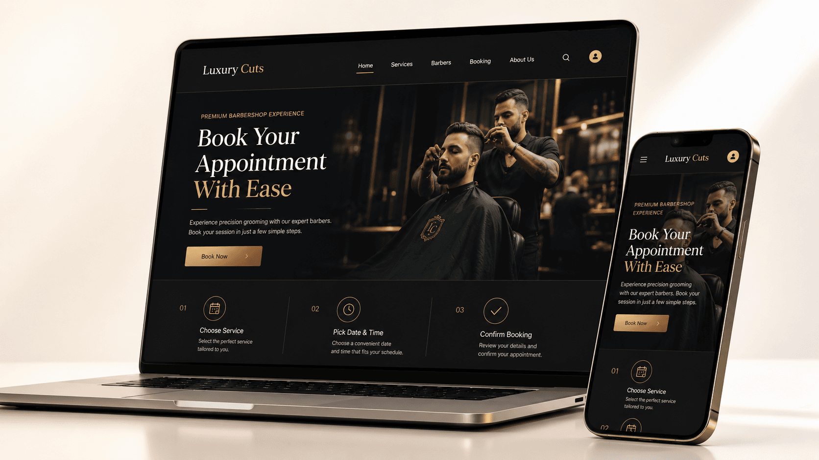 Luxury Cuts premium barbershop website displayed on a laptop and mobile phone